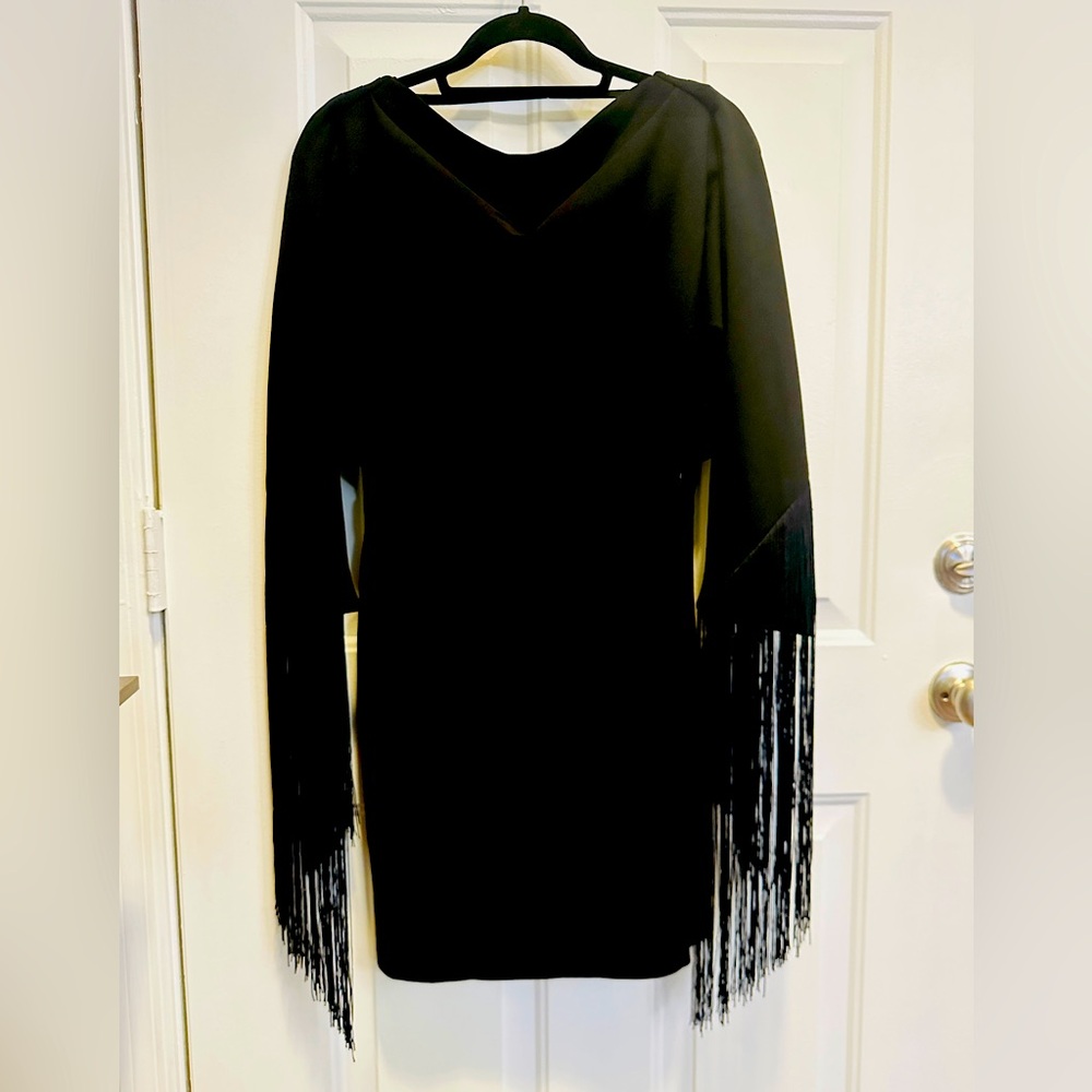 NWT ONE33 Social Black Drape Back Fringe Mini Dress